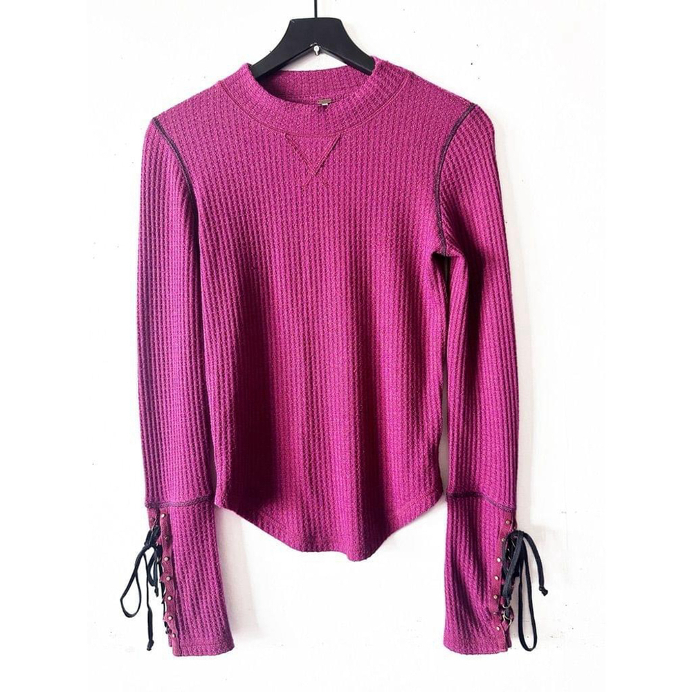 Free People Purple Waffle Knit Lace-Up Sleeve Thermal Top Size Small
